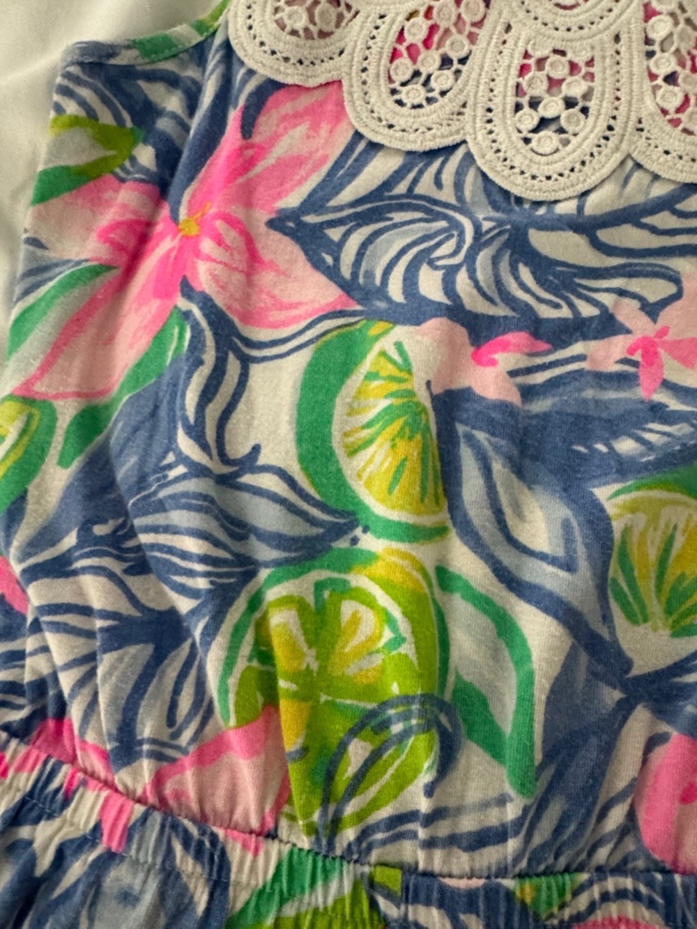 Lilly Pulitzer Girls' Floral Halter Romper with Lace Yoke - Pink & Blue - Picture 3 of 3
